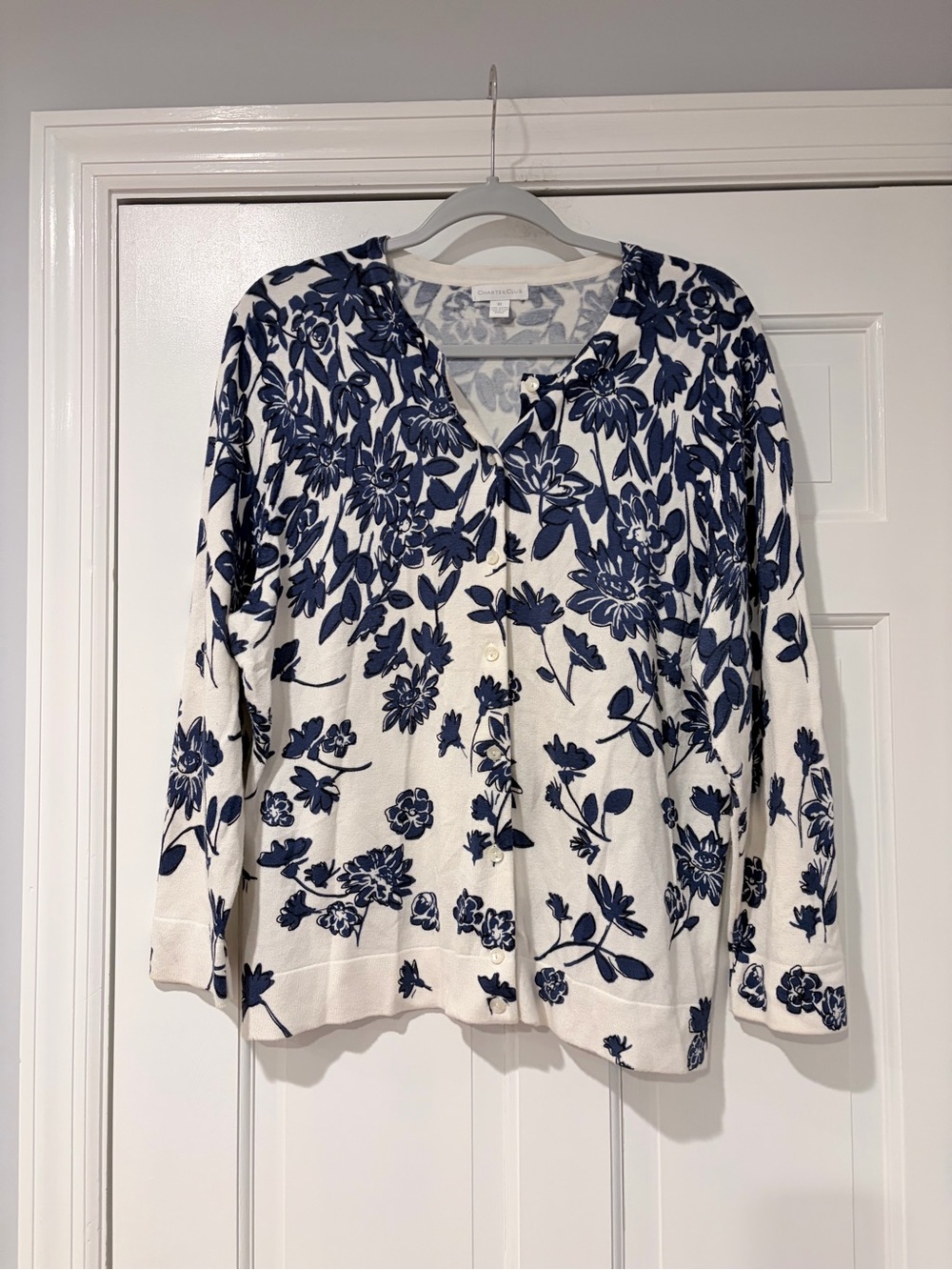 Charter Club Blue Floral Cardigan Sweater XL Button Front Lightweight